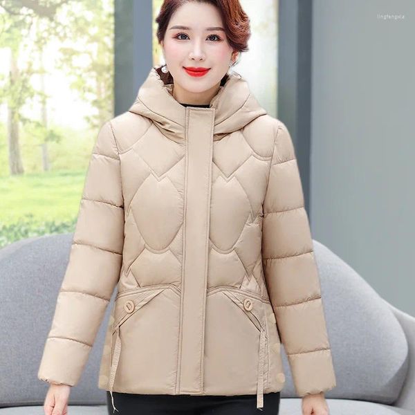 Damen Trenchcoats 2023 Winter Daunenbaumwollkleid Kurz Koreanische Mode Verdickte Lose Luxusmantel Mittleres Alter Kleidung Große Feste Farbe