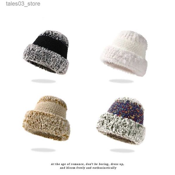 Beanie / Skull Caps Moda Pelúcia Malha Balde Chapéu Mulheres Mão Gancho Chapéu De Lã Ao Ar Livre Macio Inverno Quente Panamá Chapéu Feminino Pescador Chapéu Gorros Q231130