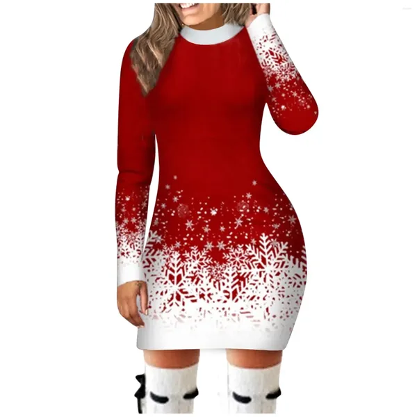Повседневные платья, рождественское платье с принтом снежинок, женская одежда, с длинными рукавами и круглым вырезом, для рождественской вечеринки, облегающее элегантное мини