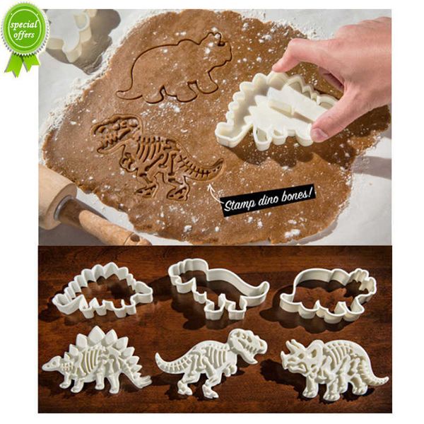 Novos cortadores de biscoito de dinossauros 3D Mold Dinosaur Biscuit em relevo o molde de molde de açúcar sobremesa de assadeira molde de silicone para sopa ferramenta de decoração de bolo