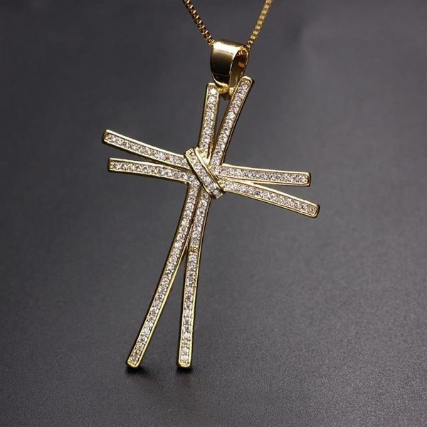 Design exclusivo de luxo completa pavimentar zircônia cúbica cruz pingente colar cor ouro corrente charme personalidade feminina colar jóias y121843
