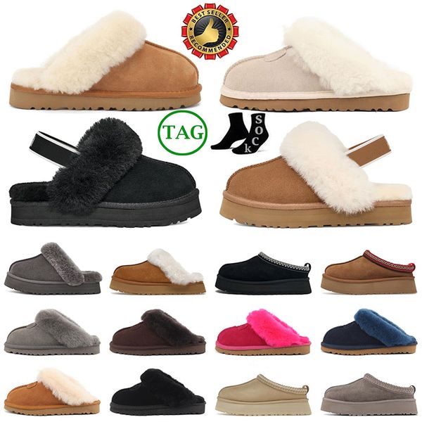 Pantofole Tazz da donna Uggsboot Pantofola Tasman Semi di senape Stivale ultra mini con plateau Ciabatte in pelliccia Pelle di pecora Castagna Nero Misto lana Scamosciato Stivaletti autunnali superiori all'aperto