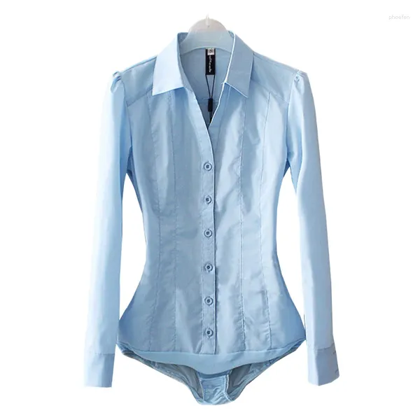 Kadınlar bluzları ofis bluzu katı gövde gömlek dönüşü aşağı yaka v boynu uzun kollu düğmeler yukarı kadın üstleri ve açık mavi beyaz