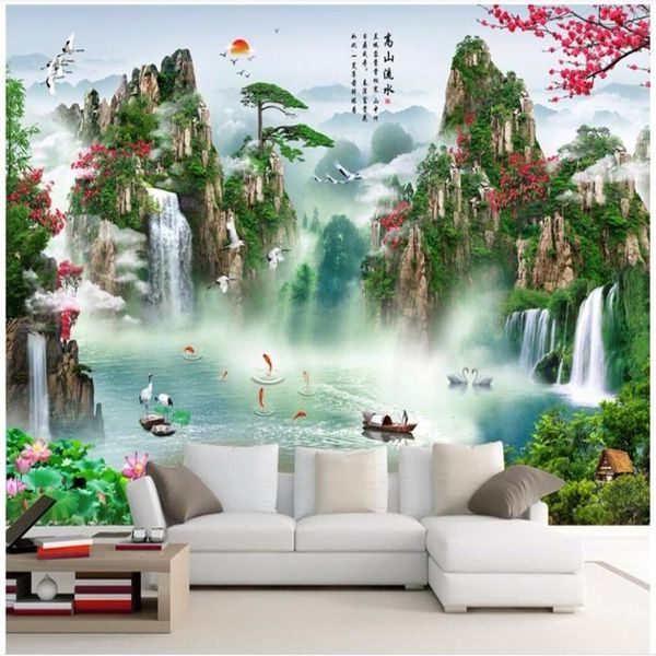 Papel de parede 3d personalizado po mural paisagem chinesa cachoeira fundo parede decoração de casa sala de estar papel de parede para paredes 3 d216i