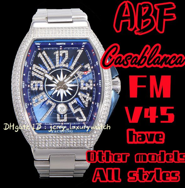 ABF / FM Vanguard Yachting V45, 44x54mm Saphirglas ETA2824 Mechanisches Uhrwerk, hochwertiges Kautschukband, Stahlband diamantbesetzte Ausführung blau
