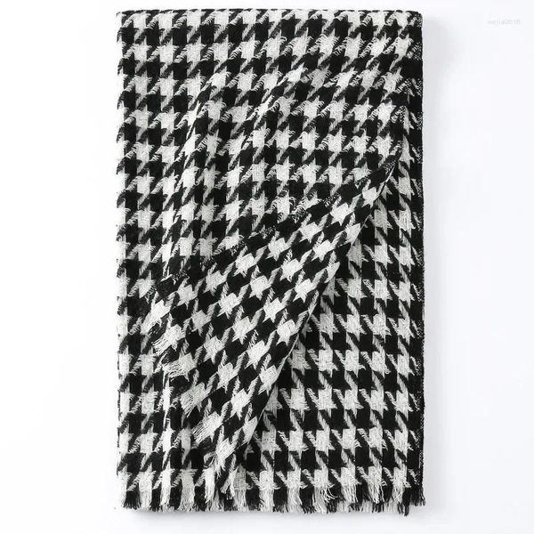 Eşarplar Saf Yün Houndstooth Plaid Sargalar Siyah Beyaz Şal