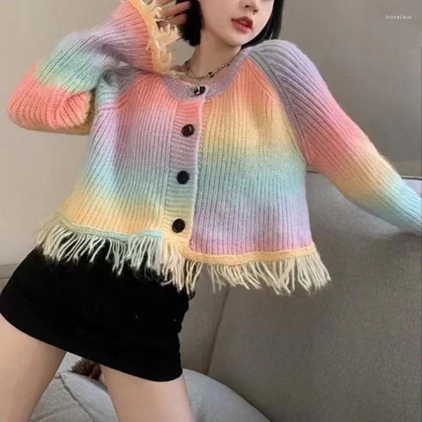 Malhas femininas moda borlas camisola cardigan para mulher harajuku o-pescoço solto casaco curto tie dye meninas doce jaqueta de malha coreano