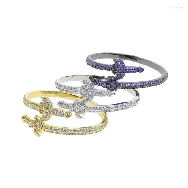 Bracciale aperto a doppia testa braccialetto spada per uomo donna pavimentato Bling cubic zirconia polsino hiphop rapper gioielli regali all'ingrosso