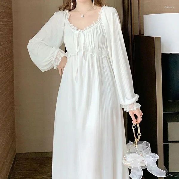 Kadınların Pijama Dantelli Uzun Stil Elbise Gecikme Kollu Pijama Kadınları Kore Ev Gece Bir Sonbahar Beyaz Zarif Ruffles Parçası