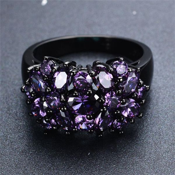 Pequeno oval roxo cristal zircão estrela flor anéis para mulheres vintage preto ouro multicolorido pedra anel feminino casamento jóias293b