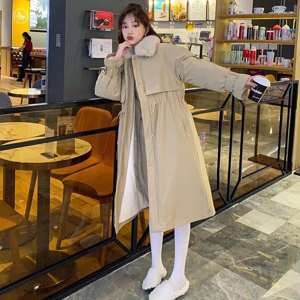 Parka da donna con risvolto monopetto invernale da donna, più giacca calda e spessa in velluto, capispalla da donna lungo con vita regolabile casual coreana