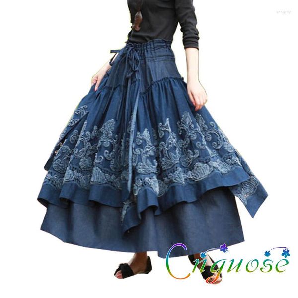 Etekler 2023 artı 6xl Sonbahar Kış Retro Kadın Etek Tasarımları Lolita Vintage Sıradan 3D Çiçekler Tutu Denim kot uzun bayanlar