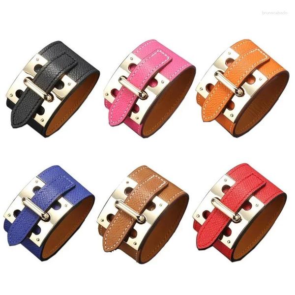 Link pulseiras de alta qualidade luxo ampla pulseira couro genuíno fivela cinto aço inoxidável multicamadas retro rebite pulseira moda feminina