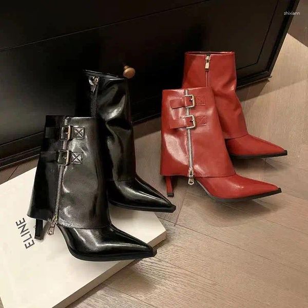 Botas Marca Mulheres Sapatos de Salto Alto Zíper Botas-Mulheres Moda Stiletto Borracha Tornozelo Pontudo 2023 Rock PU Tecido de Algodão Roma Ridi