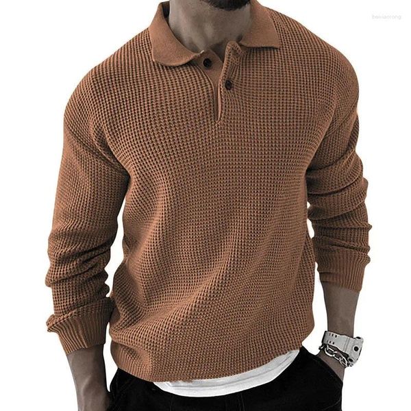 Suéter masculino outono camisola de malha homens manga longa slim fit malha polo camisa moda turndown colarinho pulôver malhas roupas masculinas tops