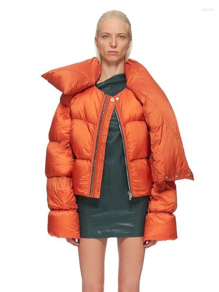 Damen-Trenchmäntel, orange, abgeschnitten, Blasenmantel, Damen, 2023, Winter, Pufferjacken, Schalkragen, Baumwolle, Daunen, dick, warm, gesteppt, weibliche Parkas