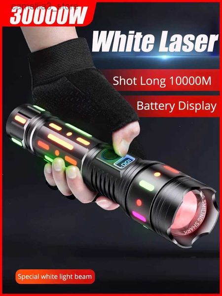 Torce Torce LED da 30000 W Lanterna USB ad alta potenza Lampada allo xeno Zoom Impermeabile Torcia con uscita/ingresso in alluminio a lungo raggio 9KM 10000 mAH Q231130
