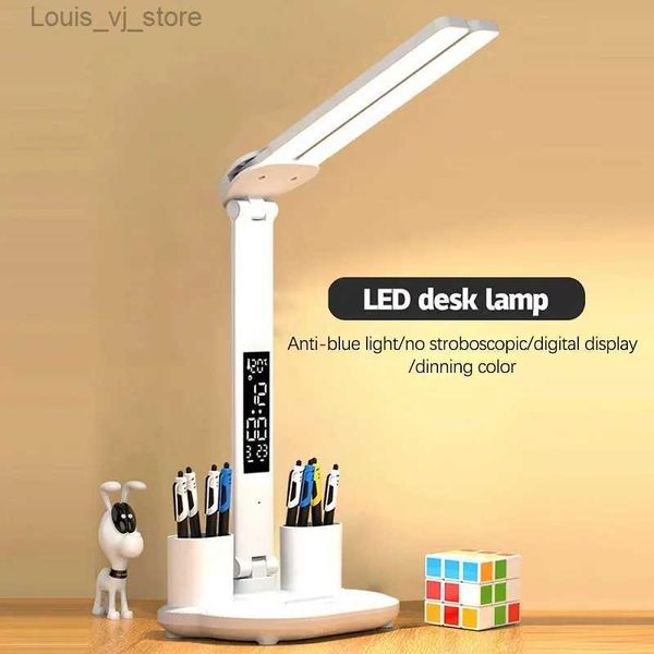 Lampada da tavolo a LED Lampada da tavolo USB ricaricabile dimmerabile Touch Lampada da tavolo pieghevole con calendario Orologio temperatura Luce notturna per lampada da lettura YQ231130