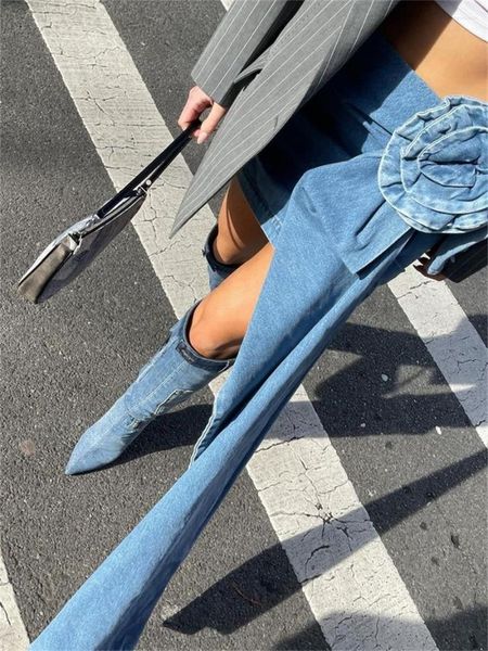 Röcke Damen Mini Jeans E-Girl 2000er Jahre Streetwear Blumendekor Quaste Hohe Taille Gewickelter Denim Vintage Kurze Unterteile