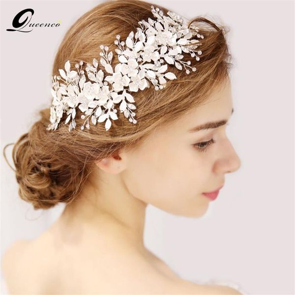 QUEENCO-tocado floral plateado para novia, Tiara, accesorios para el cabello de boda, enredadera para el cabello, diadema hecha a mano, joyería para novia 282w