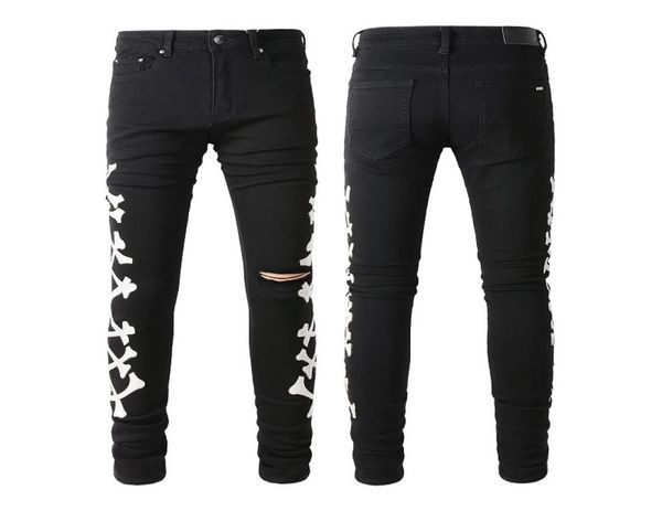 Calças de brim masculinas para homem skinny jeans designer calças rasgadas slim fit com osso preto motociclista denim estiramento motocicleta na moda joelho buraco longo st3919945