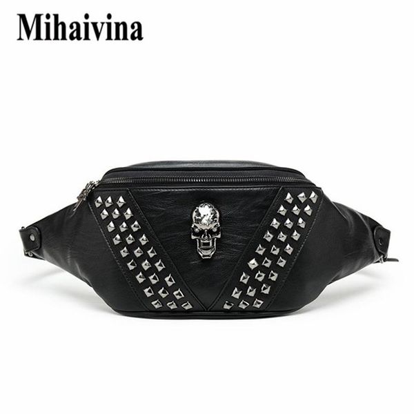 Mihaivina Punk Rivet Skull Мужская поясная сумка Женская черная поясная сумка Кожаная нагрудная женская сумка через плечо Bum s 220216260d