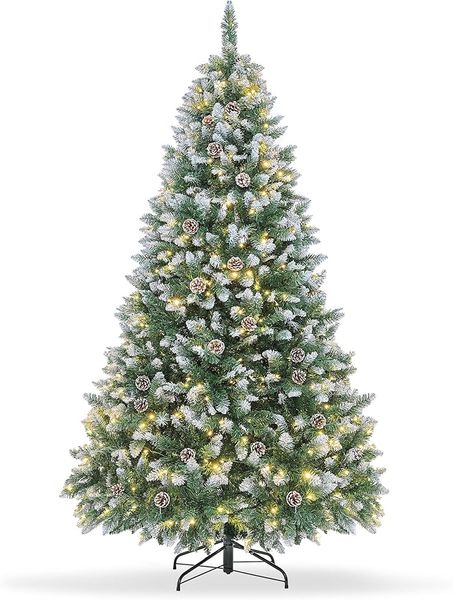 Árvore de natal artificial pré-iluminada de 6 pés com luzes, pinhas, reunindo-se com 270 luzes LED brancas quentes, 810 pontas de galhos de PVC, decorações de festa