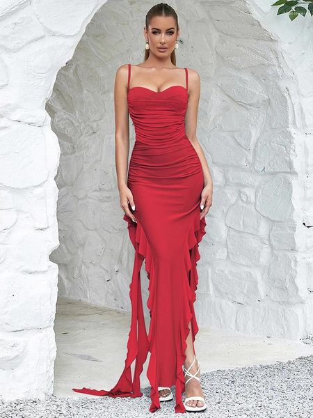 Casual Kleider Sexy Spaghetti Strap Rüschen Unregelmäßige Lange Kleid Frauen Rot Ärmellose Rüschen Split Maxi Schlank Elegante Weihnachten Party Club