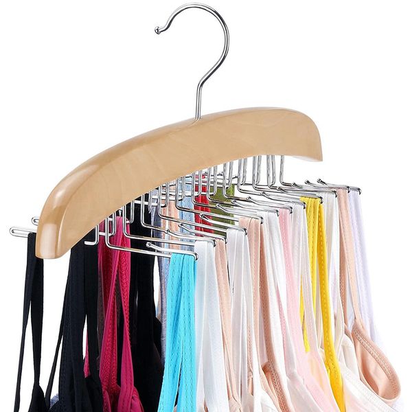 Organisation Camisole Kleiderbügel Holz Tank Top Organizer mit 24 Metallhaken 360-Grad-Drehung Riemen-Kleiderbügel Mehrzweck-Kleiderbügel für