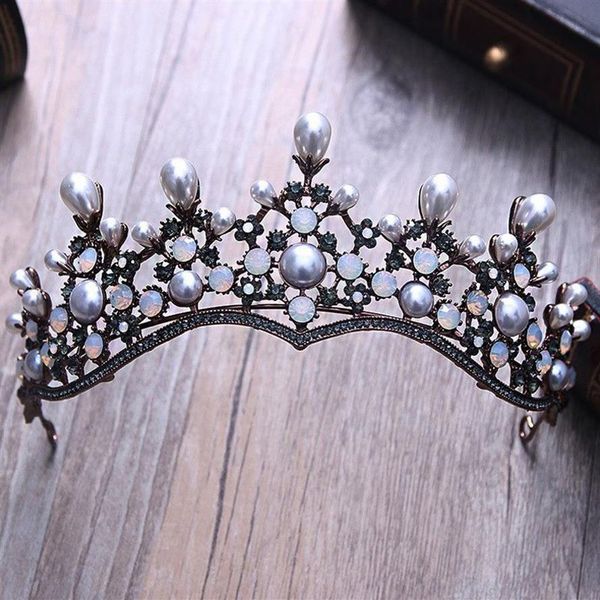 Barok Vintage Kristal İnci Gelin Tiaras Saç Bandı Başlığı Siyah Rhinestone Prenses Pageant Taç Düğün Saç Aksesuarları Y2197F