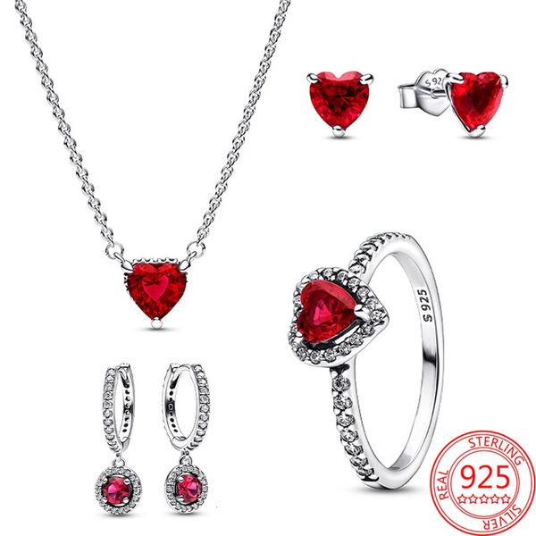 Chokers 925 Sterling Silver Sparkling Heart Halo Pingente Collier Colar Anel Vermelho Redondo Hoop Brinco Conjunto de Jóias Presente 231130