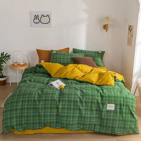 Conjuntos de cama Guret xadrez conjunto de cama verde cama dupla roupa nórdica capa de edredão fronha queen size folha plana adultos crianças inverno cama capa 231129