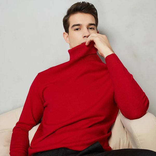 Suéter masculino outono inverno quente gola alta lã quente algodão suéter cor sólida casual tricô pullovers ano vermelho suéter de natal 231130