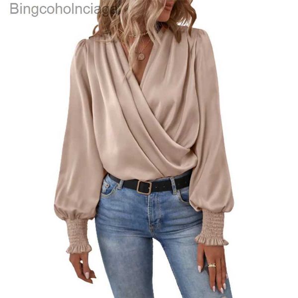 Damen-Blusen, Hemden, Herbst, plissiert, Laterne, langärmelig, Bluse, Fe, elegant, einfarbig, Crossover, V-Ausschnitt, Pullover, Hemd, Damen, neue lässige, lockere Tops, L231130