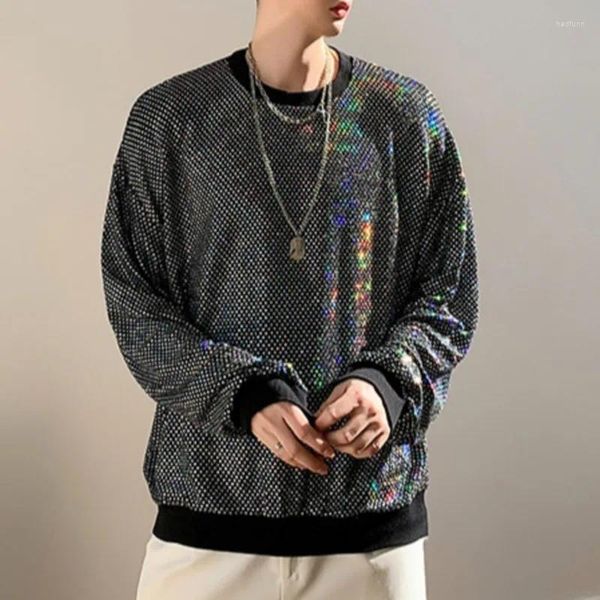Hoodies masculinos homens o-pescoço manga longa lantejoulas sweatshirts streetwear coreano na moda brilhante personalidade reflexiva camiseta
