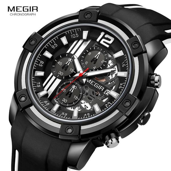 Relógios de pulso megir Men's Sports Quartz assiste Silicone Strap Exército Cronógrafo 3ATM Awatch de pulso à prova d'água para homem relógio Relógios 2097 preto