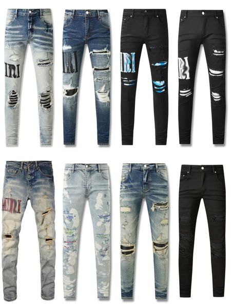 Amirs Designer Mens Jeans Roxo Jeans High Street Hole Star Patch Homens Mulheres Amirs Estrela Bordado Painel Calças Stretch Slim-Fit Calças Calças