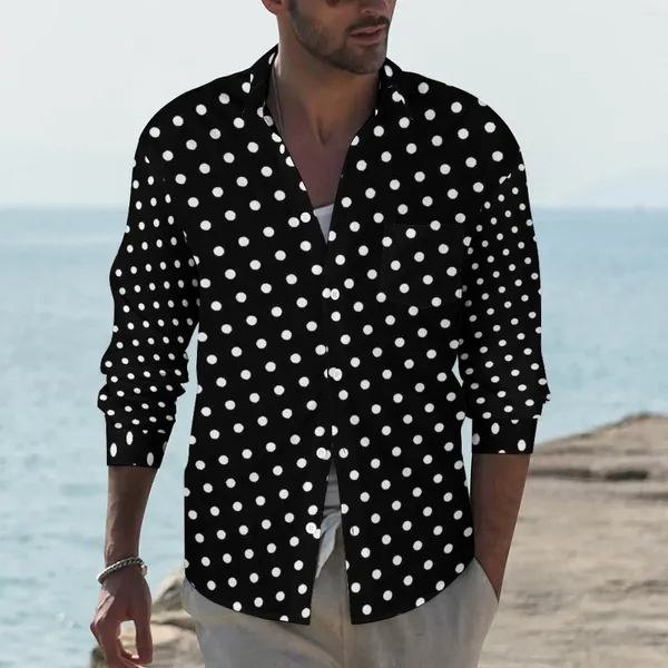 Camicie casual da uomo Camicia a pois bianca Autunno Nero Stampa retrò Camicette novità da uomo Manica lunga Grafica Divertente Top Taglie forti