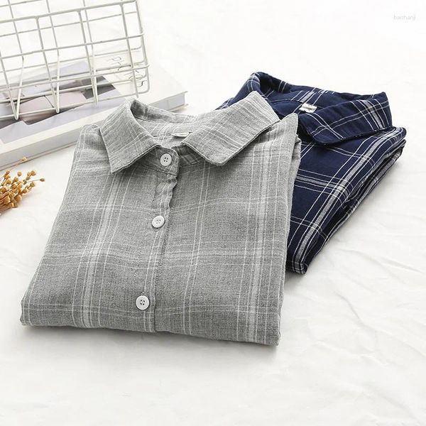 Camicette da donna Camicia a maniche lunghe in doppio cotone scozzese primaverile Abbigliamento donna Grigio Blu navy Colore Camicetta base casual femminile Blusa U328