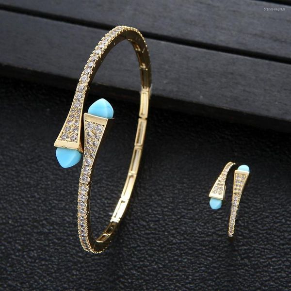 Halskette Ohrringe Set Fashion Brand Gold Farbe Zirkonia Armband Ring für Frauen Dubai Geometrie Open Bangle Cuff Party Schmuck Geschenk