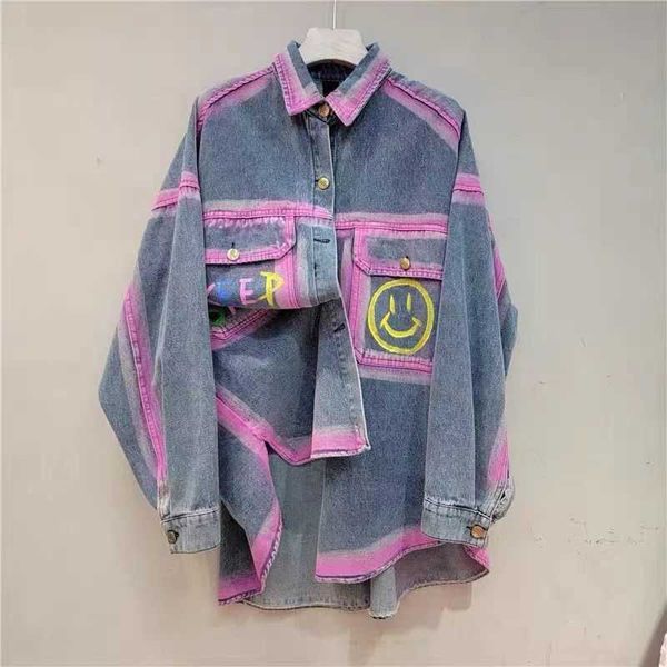 Outono inverno coreano impresso denim camisa jaqueta solta e elegante versátil idade reduzindo emagrecimento feminino topo