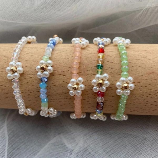 Braccialetti con ciondoli Corea Margherita Fiore Perline di vetro di cristallo Moda Donna Bracciale Bohemian Colorato Bello elasticizzato Gioielli fatti a mano Regalo per feste