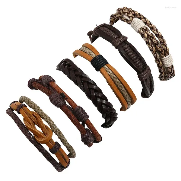 Charme pulseiras 6 pçs/set artesanal trançado pulseiras étnica tribal couro genuíno envoltório encantador masculino marrom couro ajustável pulseira