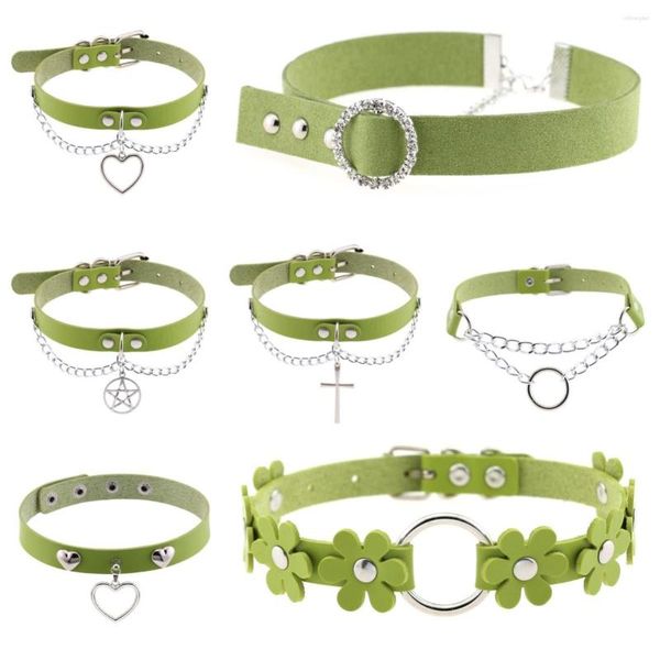 Charm de charme gótico verde Chain de aço inoxidável colares sexy de colarinho sexy para mulheres góticas de couro harajuku egirl escravo jóias punk