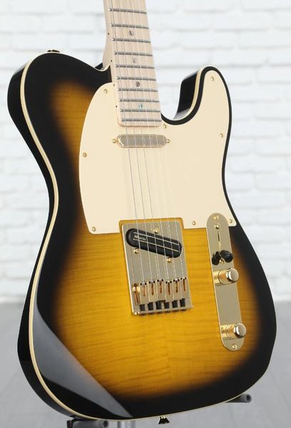 Auf Lager Richie Kotzen 2-Tone Sunburst Flame Maple Top E-Gitarre Ahorngriffbrett Gold Hardware Abalone Dot Inlay 6-Saddle Bridge