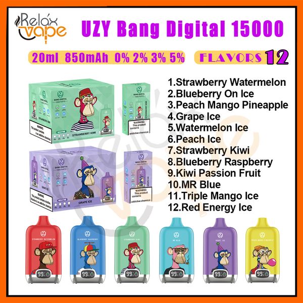 Orijinal Uzy Bang Dijital 15000 Puf Teslim Edilebilir Vape Kalem 0% 2% 3% 5% 5 Mesh Bobin 850mAH şarj edilebilir pil 20ml Pod Puffs 15K E Sigara Vs Bang King 15k