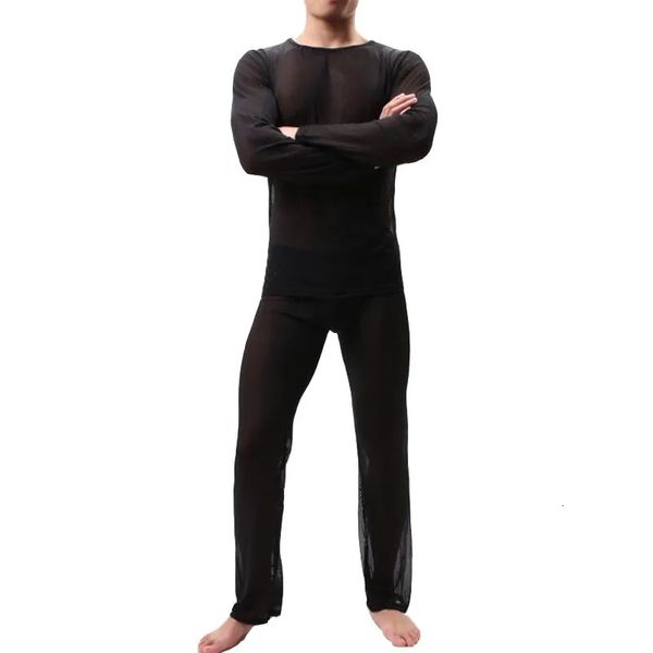 Мужская одежда для сна KWAN.Z pijama hombre, тонкое прозрачное сексуальное мужское нижнее белье, пижамы, пижамы с длинными рукавами, мужские сетчатые удобные комплекты 231129