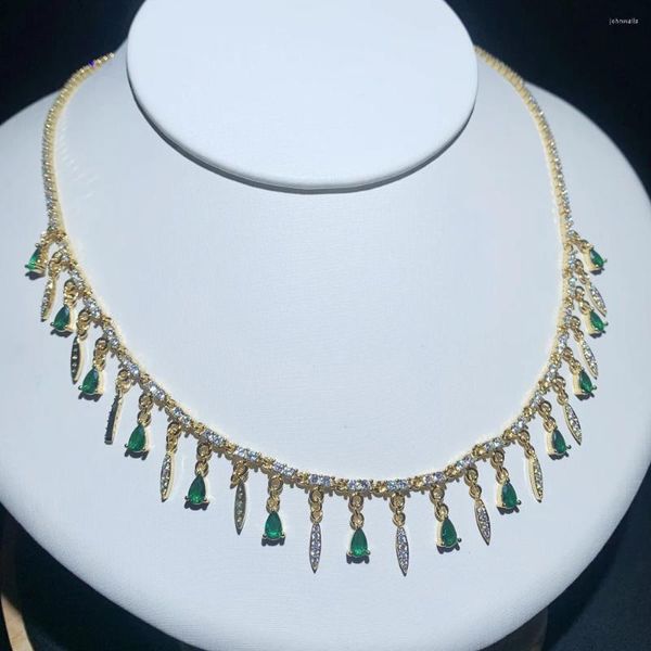 Catene 2024 Micro Pave Verde Rosa Bianco Cz Collana girocollo Colore oro Bling Catena da tennis Tear Drop Spike Collare con fascino Gioielli per le donne