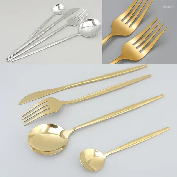 Geschirr Sets Spiegel Goldene Silber Edelstahl Geschirr Besteck Set Kinder Gabel Messer Suppe Dessert Eis Löffel K5