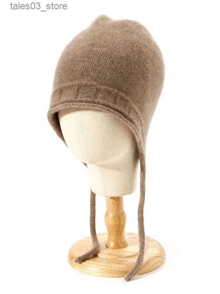 Beanie/Kafatası Kapakları Kadınlar Sonbahar Kış İnce Kaşmir Örgü Bombacı Şapka Drawstring Sıcak yumuşak kulaklık Rusya Kapakları Sıcak Gerçek Pashmina # Q231130
